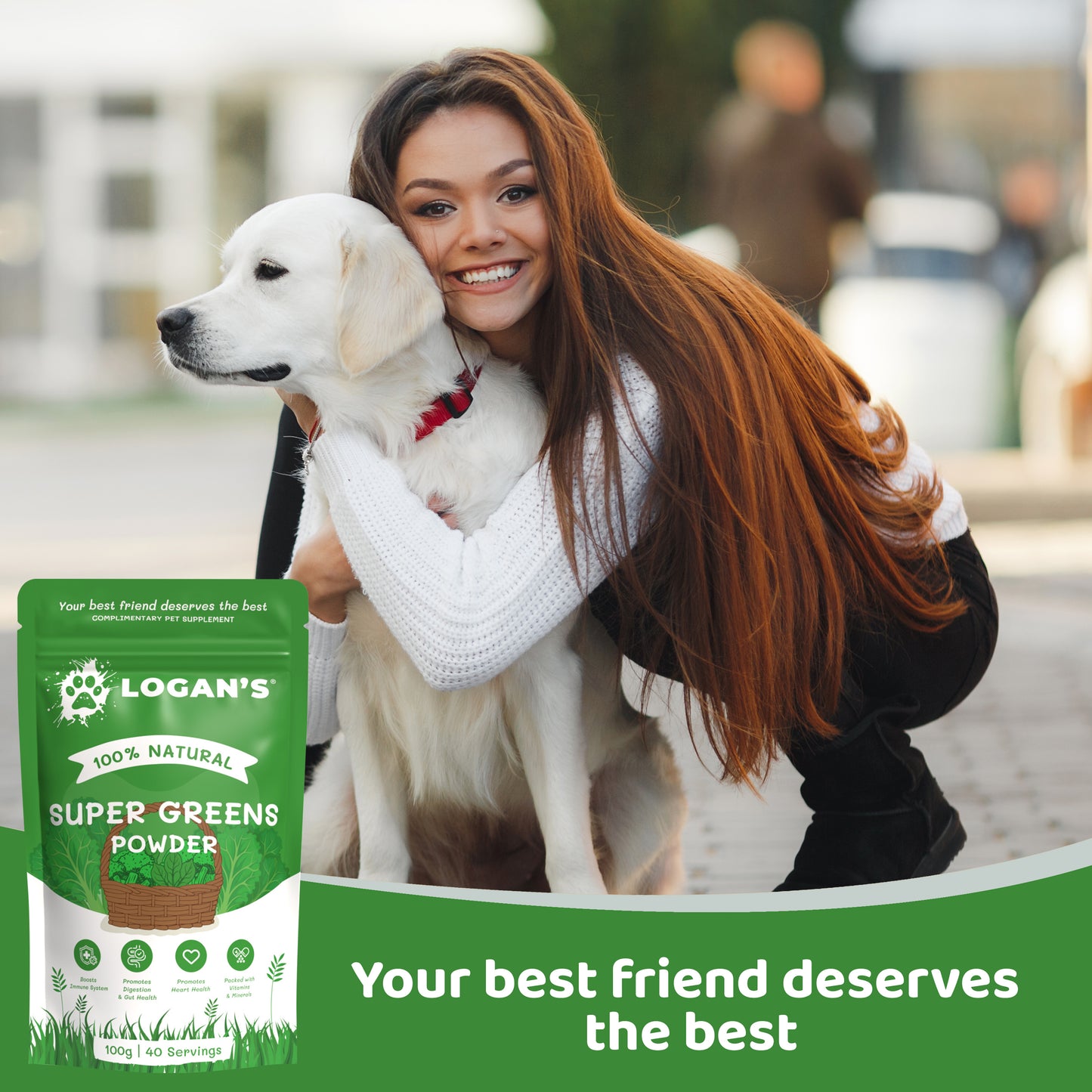 Happy dog and owner with Logan's Super Greens Powder – trade pet supplement promoting wellness