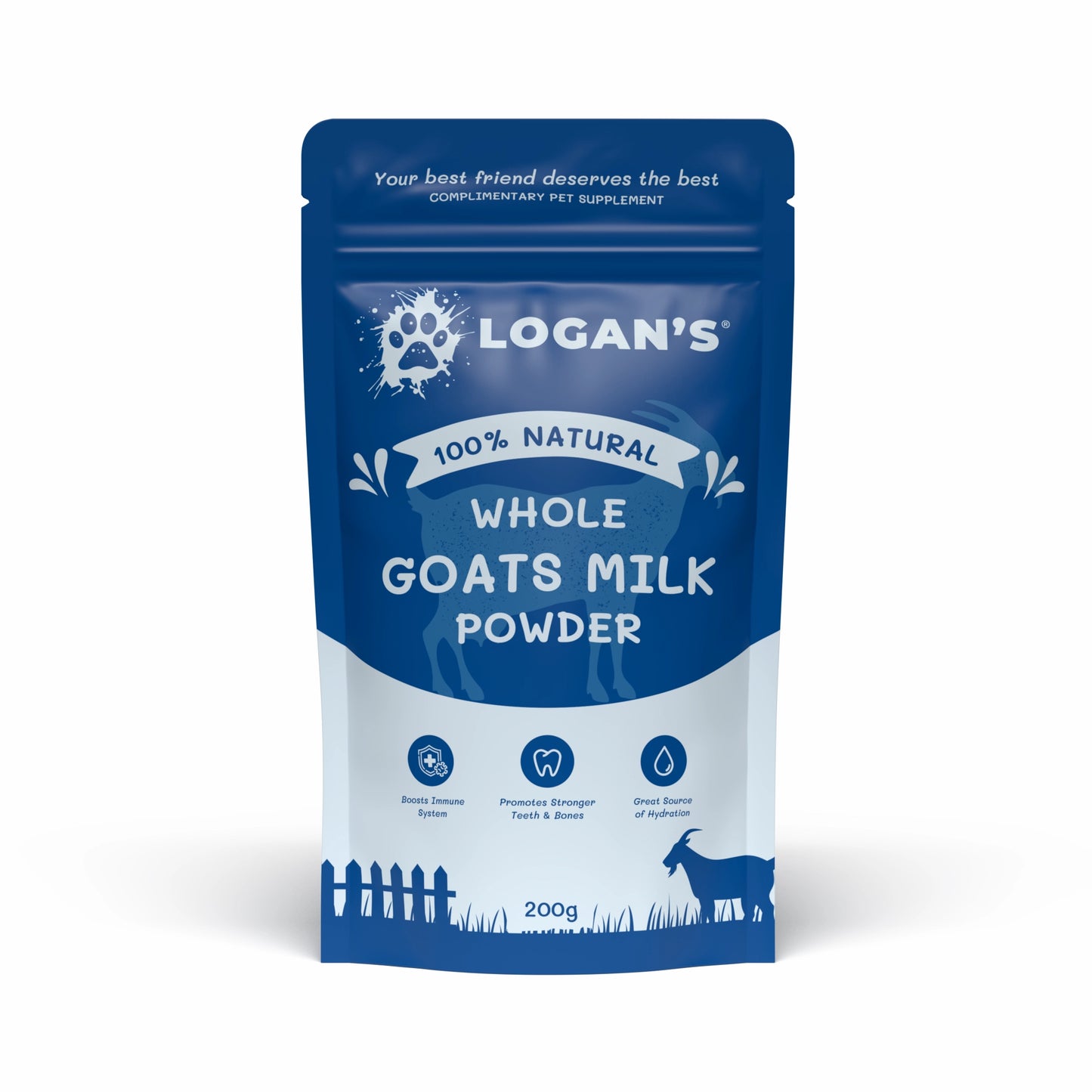 A 200g stand-up pouch of Logan's 100% Natural Whole Goats Milk Powder, featuring a blue and white design with a goat silhouette and icons indicating benefits, set against a plain white background.