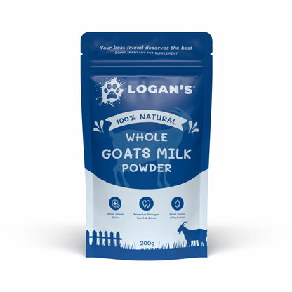 A 200g stand-up pouch of Logan's 100% Natural Whole Goats Milk Powder, featuring a blue and white design with a goat silhouette and icons indicating benefits, set against a plain white background.