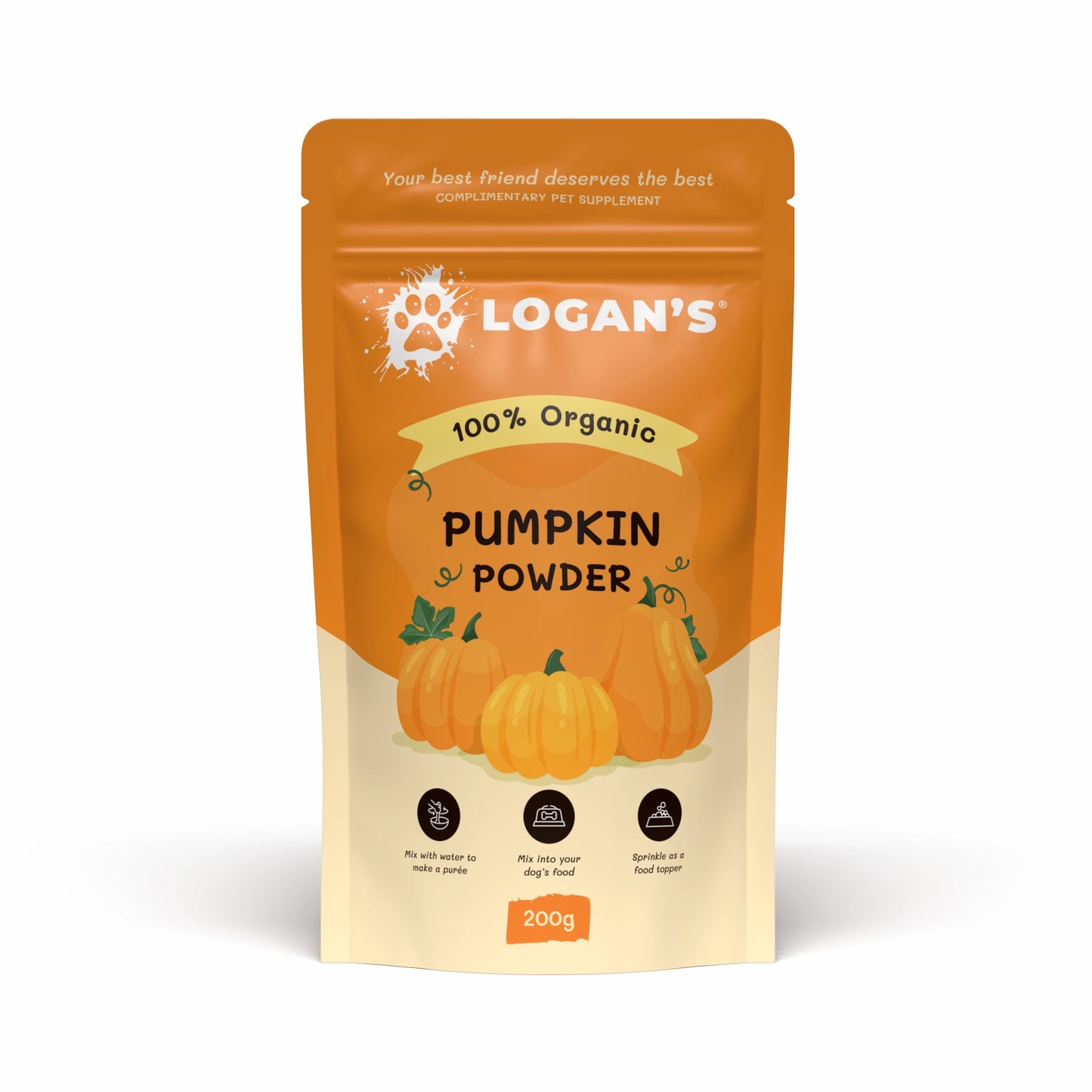A 200g stand-up pouch of Logan's 100% Organic Pumpkin Powder for pets, featuring an orange and cream design with illustrations of pumpkins.