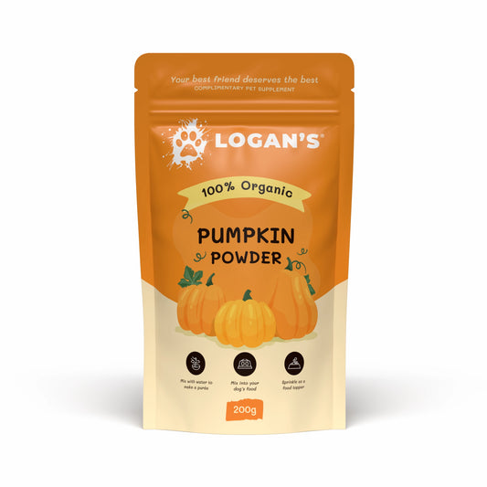 A 200g stand-up pouch of Logan's 100% Organic Pumpkin Powder for pets, featuring an orange and cream design with illustrations of pumpkins.