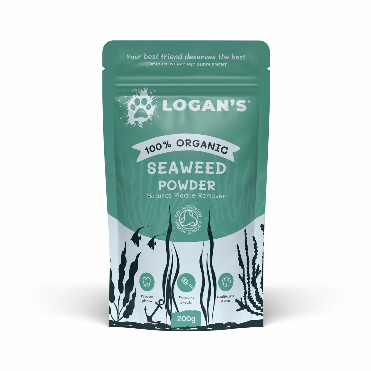 A 200g stand-up pouch of Logan's 100% Organic Seaweed Powder for pets, featuring a teal and white design with black seaweed illustrations.