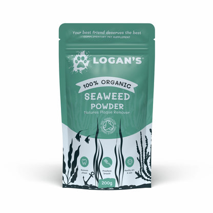 A 200g stand-up pouch of Logan's 100% Organic Seaweed Powder for pets, featuring a teal and white design with black seaweed illustrations.