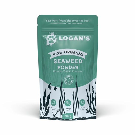 A 200g stand-up pouch of Logan's 100% Organic Seaweed Powder for pets, featuring a teal and white design with black seaweed illustrations.