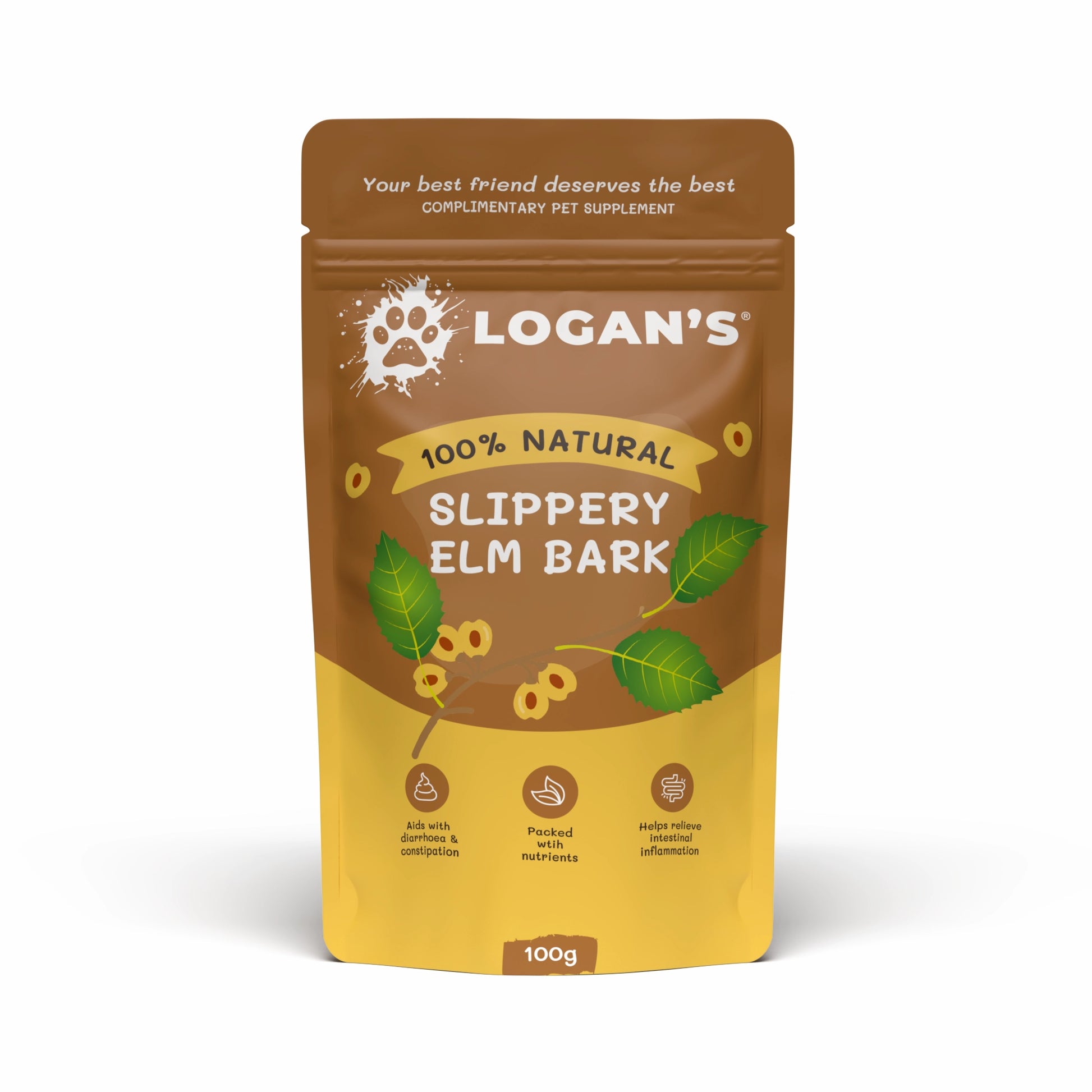 A 100g stand-up pouch of Logan's Slippery Elm Bark dog supplement, featuring a brown and yellow design with illustrations of elm leaves and bark.
