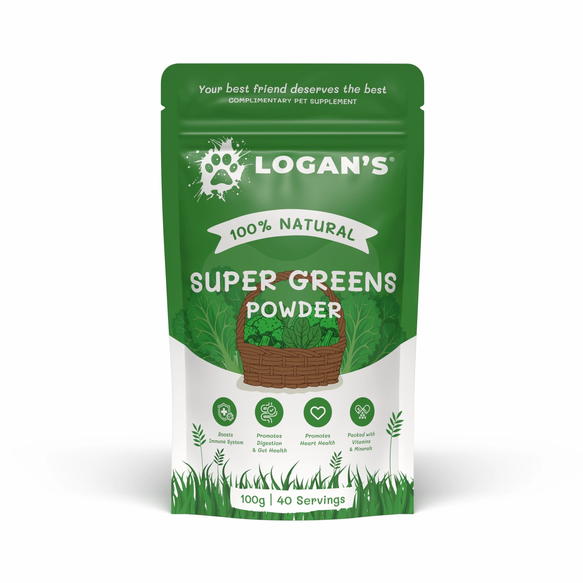 A green stand-up pouch of Logan's Super Greens Powder pet supplement, featuring a white banner and illustrations of green leaves and a basket of greens on a white background.