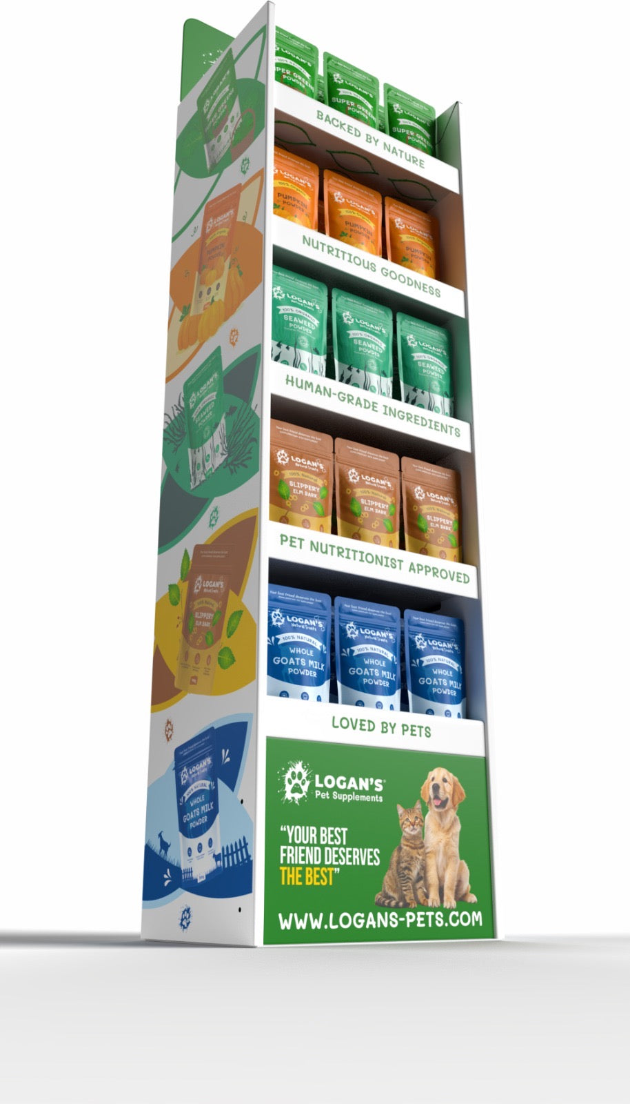 Free-standing retail POS stand showcasing Logan’s Pet Supplements product range