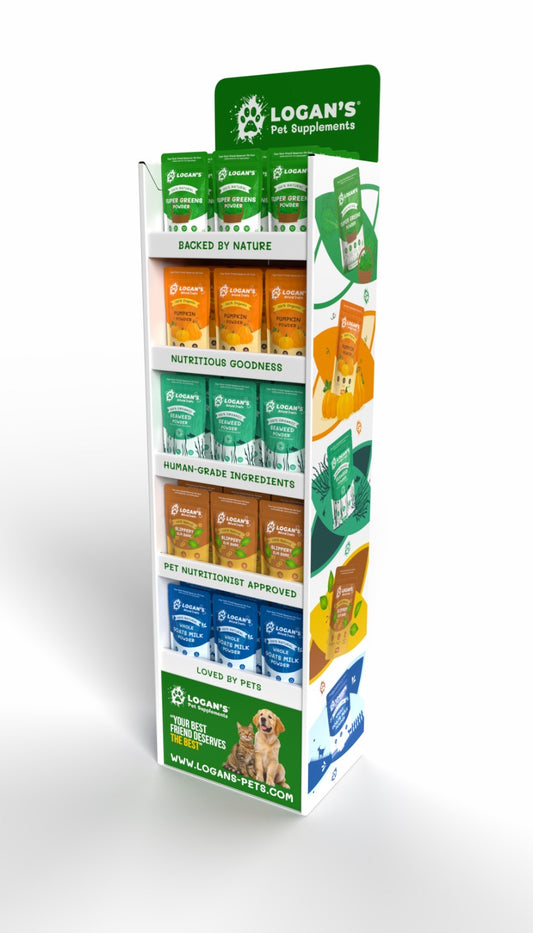 Logan’s Pet Supplements branded POS stand with shelves for retail display