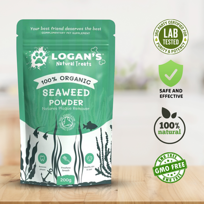 Logan’s Seaweed Powder with natural, lab-tested and vet-approved labels – trade packaging for UK pet industry