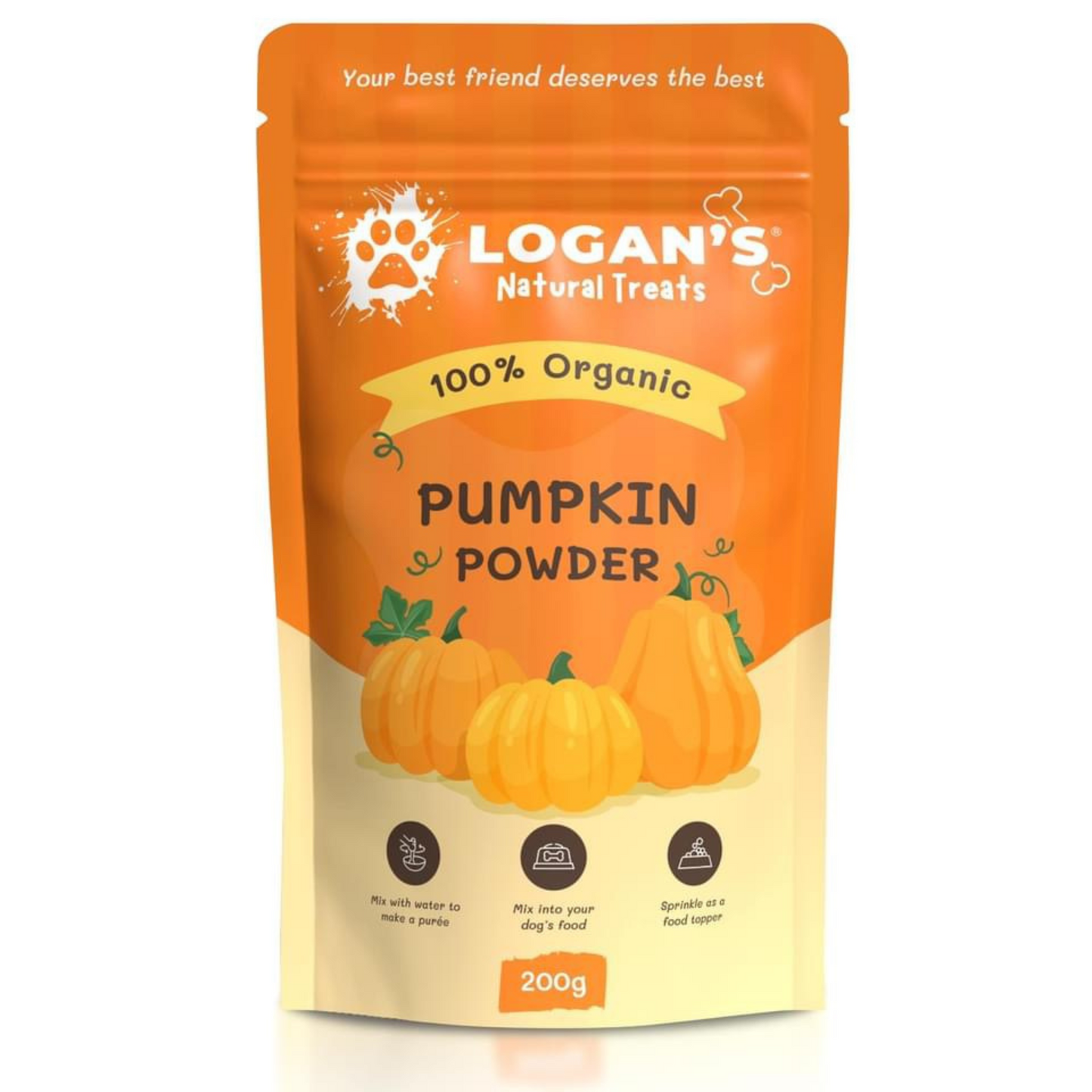 Front view of Logan’s Pumpkin Powder pouch – high-fibre pet supplement for UK trade and wholesale retailers