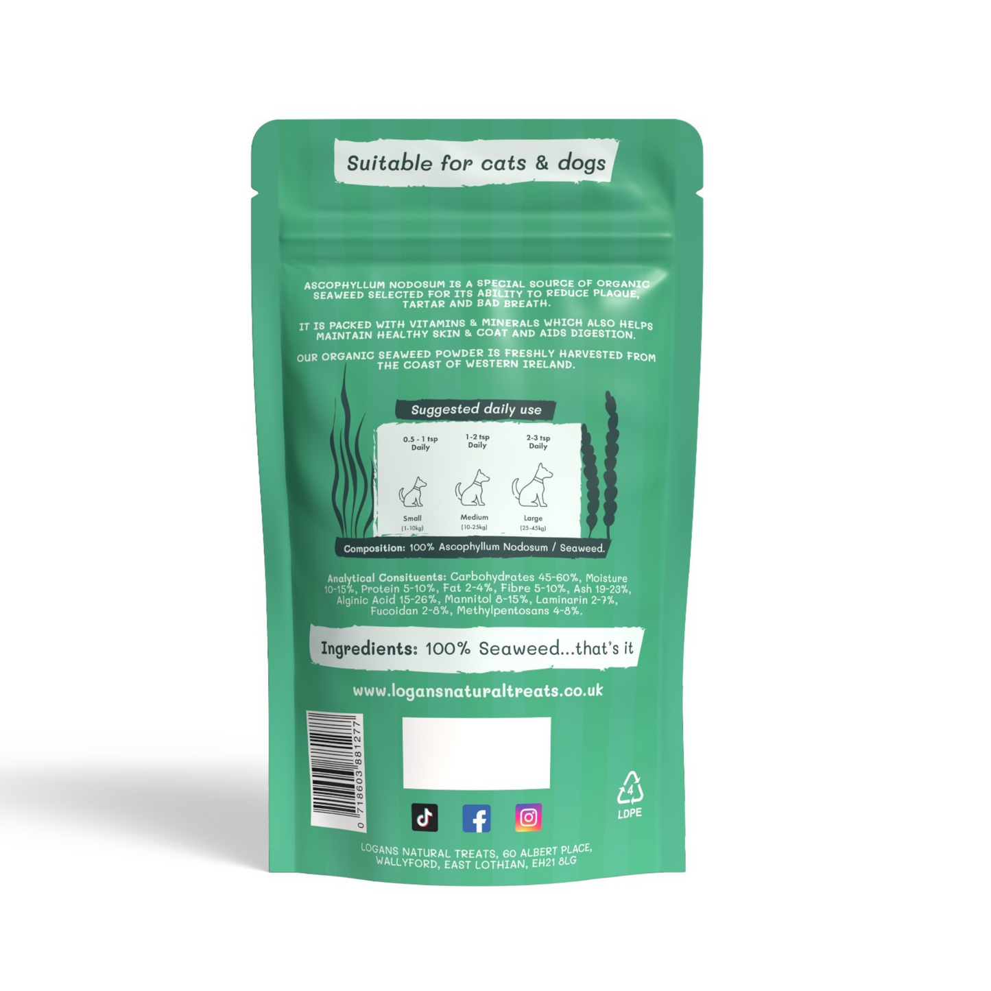 ack label of Logan’s Seaweed Powder – feeding guidelines and composition details for B2B pet supplement resellers